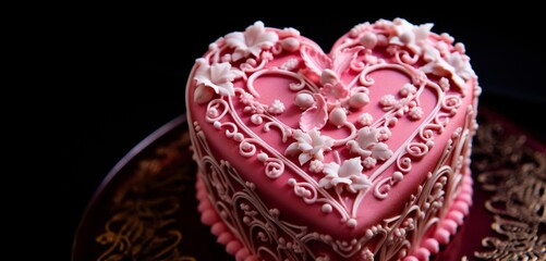 A close-up photograph of a Valentine's Day cake adorned with intricate frosting details inspired by the Decorator pattern, adding a touch of elegance and sweetness