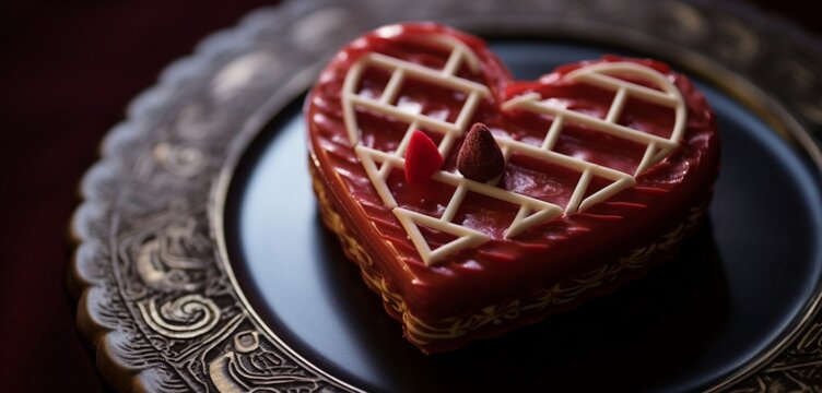A close-up photograph of a heart-shaped Herringbone pattern etched into a Valentine's Day dessert, adding a touch of elegance to sweet indulgences