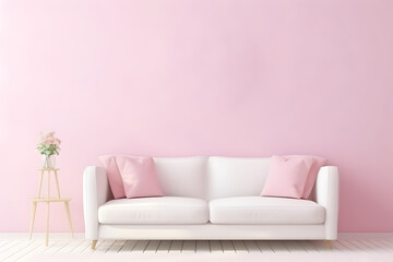 Interior home design. Minimalistic living room decoration. Pink color.