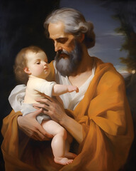Saint Joseph hugging baby Jesus, Son of God, Christmas nativity scene - obrazy, fototapety, plakaty