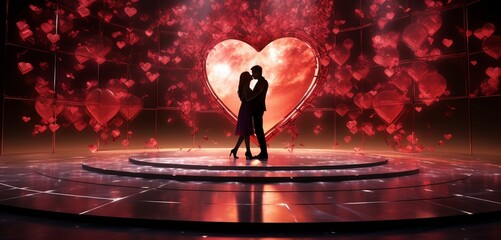 A digital art composition of a virtual reality dance floor with a Border Layout, allowing couples to choose their preferred dancing zone and enjoy a personalized Valentine's Day celebration - obrazy, fototapety, plakaty