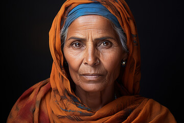 Portrait of a Punjabi elderly wrinkled woman in a traditional costume with a headscarf looking at camera, female nation shot - obrazy, fototapety, plakaty