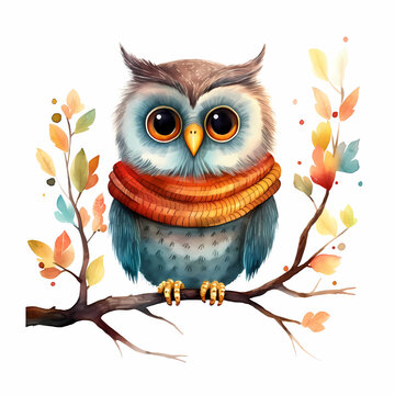 Cute owl wearing a scarf sitting on a tree branch. Generative AI
