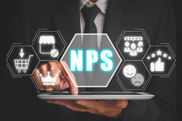 NPS, net promotor score concept, Businessman using digital tablet with net promotor score icon on virtual screen. - obrazy, fototapety, plakaty