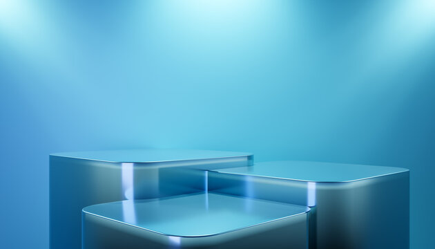 three Blue podium mockup. Studio showroom pedestal, fashion showcase mock up scene 3d podiums. three Product presentation realistic podium or platform illuminated light. 3d rendering