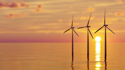 Offshore Wind Turbines At Sunset. Panoramic view of wind farm or wind park, with high wind turbines...