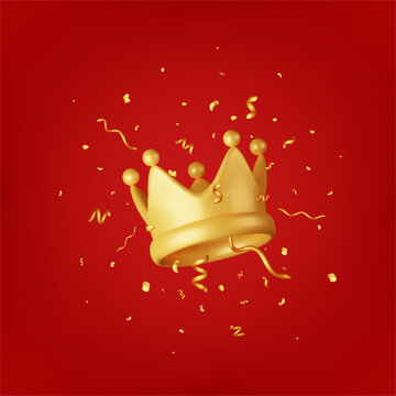 3D Gold Crown Icon and Confetti. Render Golden Confetti Around Crown. Symbol for VIP, Rich, Winner Luxury Premium Success. Customer Feedback, Rating or Status Signs. Realistic Vector Illustration