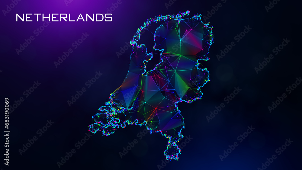 Poster futuristic sweet netherlands map polygonal blue purple colorful connected lines dots and facet wiref