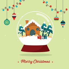 Merry Christmas Celebration Concept with Snow Covered House, Xmas Tree, Gift Boxes Inside Glass Globe and Hanging Baubles Decorated Background.