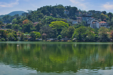Fototapeta na wymiar KANDY, SRI LANKA - FEBRUARY 10, 2021: View on Kandy lake and big Buddha on top of the hill. Kandy is home of The Temple of the Tooth Relic, one of the most sacred Buddhist places of worship. 