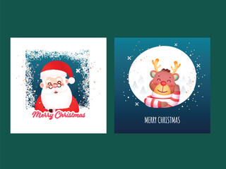 Square Shape Post or Greeting Cards with Cute Santa Claus Character, Cartoon Reindeer on the Occasion of Merry Christmas.