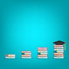 Graduation cap on the steps made of book. Education progress concept. 
