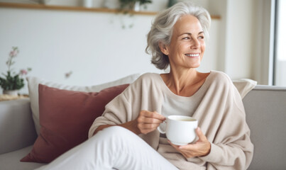 portrait of a senior woman drinking coffee , happy retirement