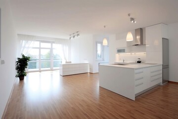 white cabinets in light spacious modern empty open plan stylish refurbished apartment 
