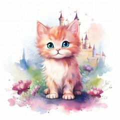 Watercolor Fairytale Cat isolated on white background