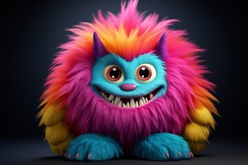Fototapeta premium Cute multicolored furry monster 3D cartoon character.