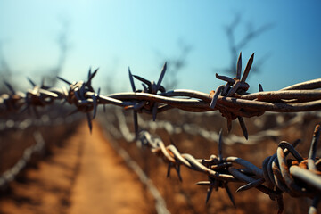 Barbed wire on sunny day front view photo