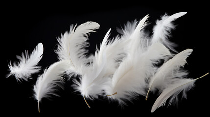 Falling fluffy white feathers isolated on black background, AI Generative.