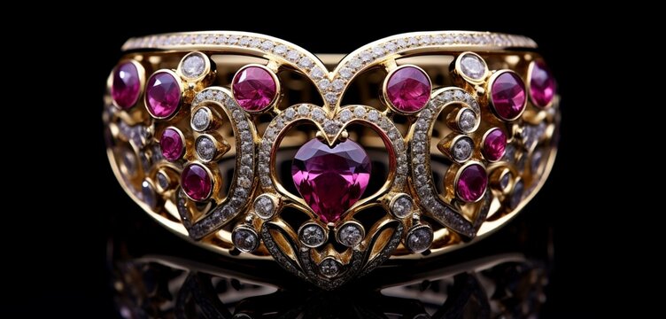 An exquisite piece of glamorous jewelry designed for Valentine's Day, featuring intricate patterns, diamonds, and gemstones, symbolizing luxury and enduring love