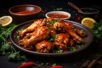 Photo baked chicken wings in the asian style and tomatoes sauce on plate, copy space , generative ai