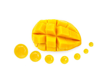 Mango with mango sauce on white background.