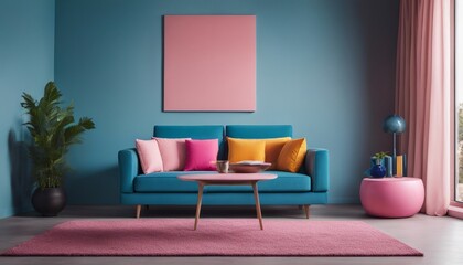 Blue sofa and round pink coffee table against multicolored stucco wall with copy space. Colorful