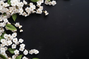 White bird cherry branch on dark background Condolence card with space