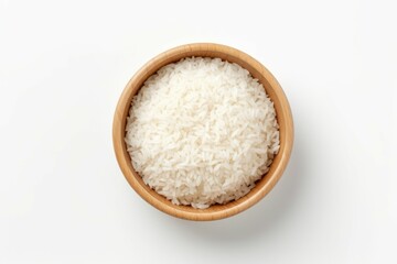Fototapeta na wymiar White background Wooden bowl with rice Top view Flat lay