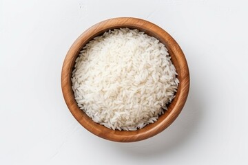 Fototapeta na wymiar White background Wooden bowl with rice Top view Flat lay
