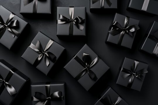 Minimalist black flat lay Black gift boxes with ribbons on black friday concept