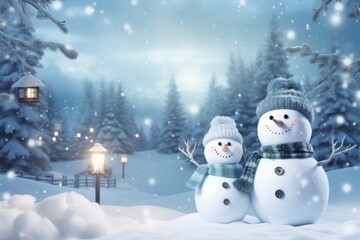 Fototapeta premium Winter background with snowmen in a Christmas landscape