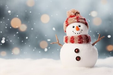 Christmas and New Year greeting card with empty space featuring a cheerful snowman