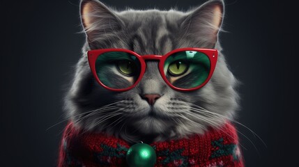 Cute Cat wearing red ugly Christmas sweater Portrait, glasses, fluffy fur, xmas, Feline Kitten puppy, adorable smart cat, christmas card, purebred domestic animal, xmaspunk, green background wallpaper