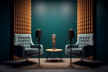 two chairs and microphones in podcast or interview room isolated on dark background 