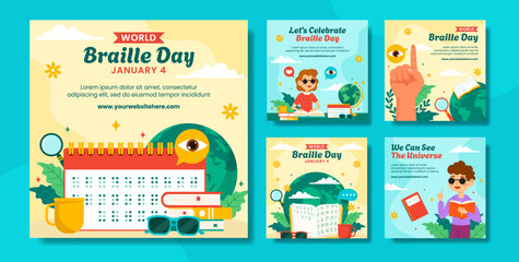 Braille Day Social Media Post Flat Cartoon Hand Drawn Templates Background Illustration