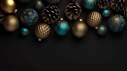 christmas bauble background black background with gold christmas trees and pine cones, in the style of dark black and teal, wood, rusticcore, dark black and red, green christmas decoration, winter art