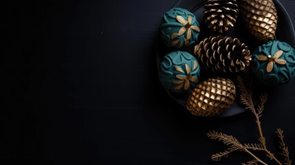 Fototapeta premium christmas bauble background black background with gold christmas trees and pine cones, in the style of dark black and teal, wood, rusticcore, dark black and red, green christmas decoration, wallpaper