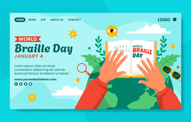 Braille Day Social Media Landing Page Cartoon Hand Drawn Templates Background Illustration - obrazy, fototapety, plakaty