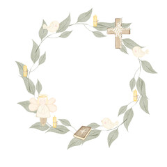 Round frame with an angel and branches with birds. Watercolor wreath with cute bible and candle designs. For designing cards and invitations for baby's christening - obrazy, fototapety, plakaty