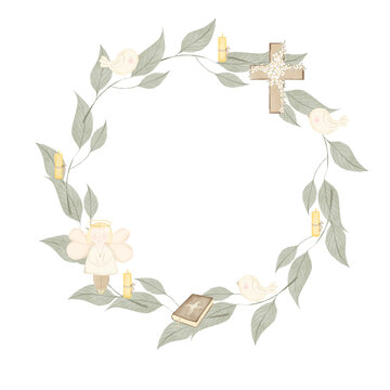 Round frame with an angel and branches with birds. Watercolor wreath with cute bible and candle designs. For designing cards and invitations for baby's christening