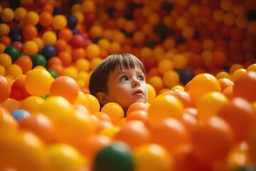 Fototapeta na wymiar Young boy playing in ball pit, happy child smiles enjoying children's birthday party ball pool fun, gold ball path, play time indoor playground, yellow plastic balls, active sports, cheerful