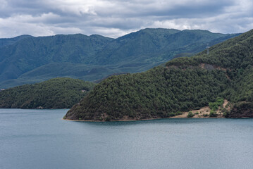 Aerial photography of islands in the center of Lugu Lake