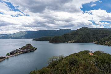 Aerial photography of islands in the center of Lugu Lake