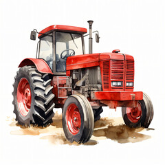 Watercolor Farm Red Tractor isolated on white background