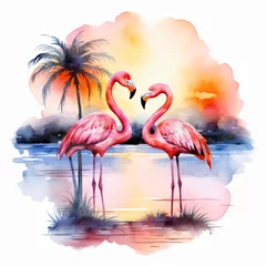 Poster Watercolor Flamingo Beach Sunset isolated on white background © Johnu