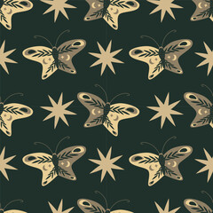 Seamless mystical pattern. Butterflies moon and stars on a dark background