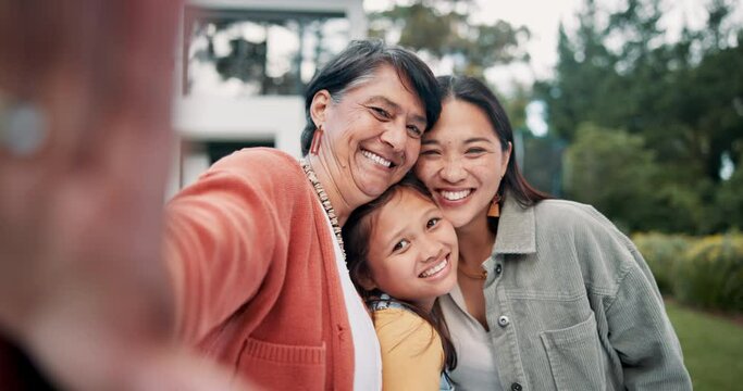 Happy, selfie and child with mother and grandmother at their home with for bonding together in garden. Smile, love and portrait of girl kid taking a picture with mom and senior woman at new house.