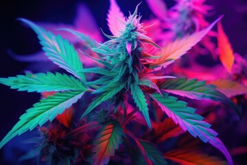 Marijuana plant growing under color lighting. Colored neon large leaves and buds of cannabis hemp. Generative AI