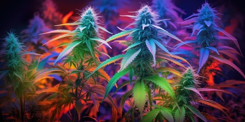 Marijuana plant growing under color lighting. Colored neon large leaves and buds of cannabis hemp. Generative AI - obrazy, fototapety, plakaty