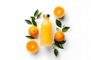 Small bottle with orange juice surrounded by fruits on white background